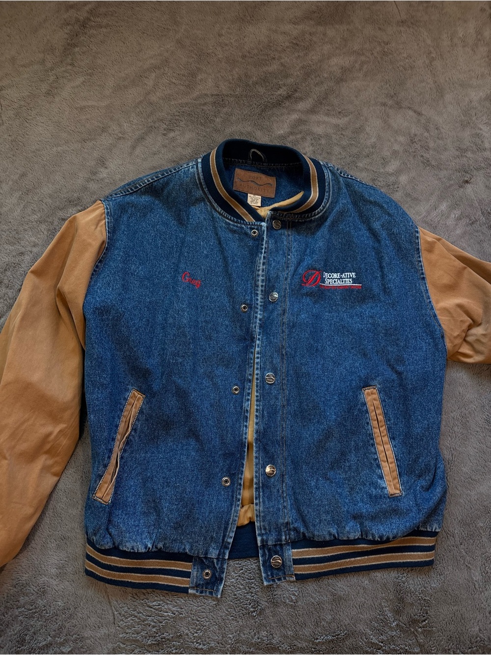 Port Authority Blue Denim Bomber Jacket with Tan Sleeves - Picture 1 of 2